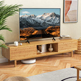 63 Inches Mid Century Modern Bamboo TV Stand with Sliding Doors-Natural