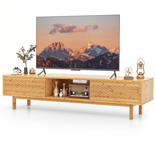 63 Inches Mid Century Modern Bamboo TV Stand with Sliding Doors-Natural