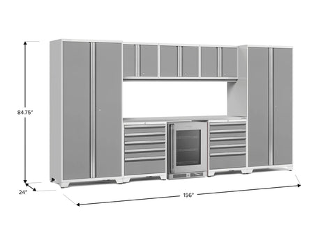 Pro Series 9 Piece Cabinet Set with Wall, Tool Drawer Cabinet, Lockers, and Glass Door Fridge