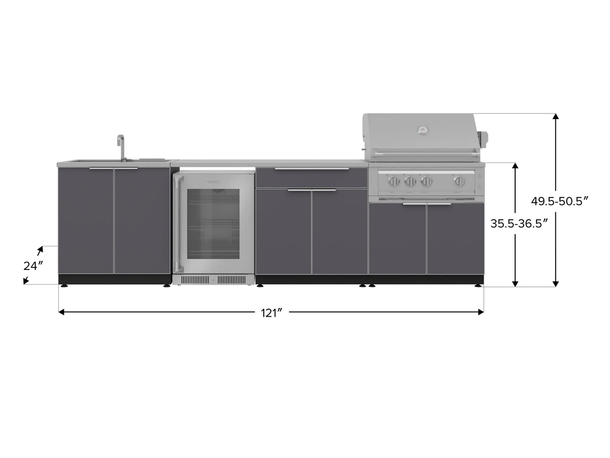 Outdoor Kitchen Aluminum 6 Piece Cabinet Set with Sink, Bar, Grill Cabinet, Platinum Grill, Countertop and Glass Door Fridge