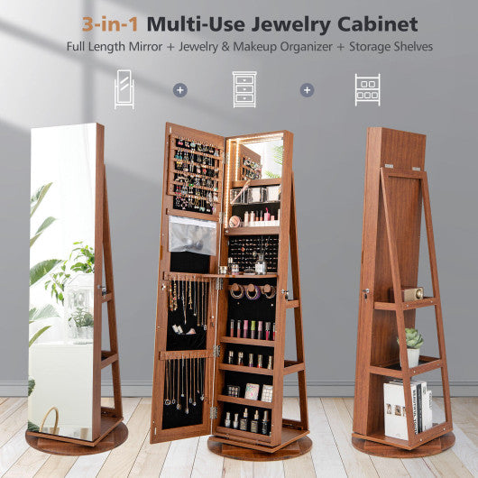 360° Rotating Mirrored Jewelry Cabinet Armoire 3 Color LED Modes Lockable-Dark Brown