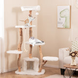 66 Inch Tall Solid Wood Cat Tree Modern Wooden Cat Tower with Perch-White