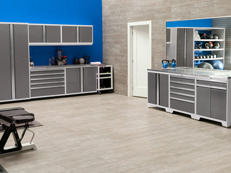 Pro Series 9 Piece Cabinet Set with Wall, Tool Drawer Cabinet, Lockers, and Glass Door Fridge