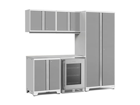 Pro Series 6 Piece Cabinet Set with Base, Wall Cabinet, Locker and Glass Door Fridge