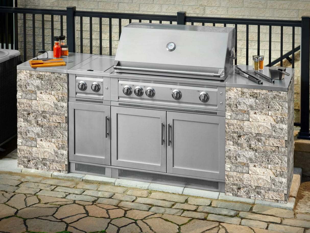 Outdoor Kitchen Signature Series 8 Piece Cabinet Set with Dual Side Burner, 3 Drawer, 1 Door, Platinum Grill and Grill Cabinet