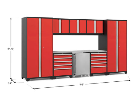 Pro Series 9 Piece Cabinet Set with Wall, Tool Drawer Cabinet, Lockers, and Stainless Steel Door Fridge