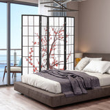 6 Feet Folding Decorative Oriental Privacy Screen with Plum Blossom Design-White