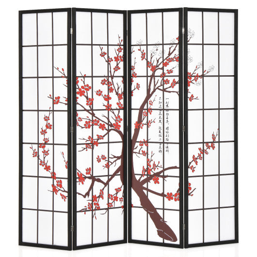 6 Feet Folding Decorative Oriental Privacy Screen with Plum Blossom Design-White