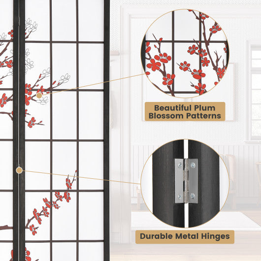 6 Feet Folding Decorative Oriental Privacy Screen with Plum Blossom Design-White