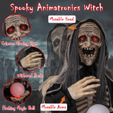 6ft Halloween Animatronics Standing Witch with Light Up Eyes and Magical Ball