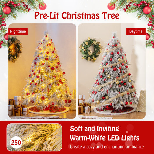 6 Feet Pre-Lit Snow Flocked Christmas Tree with Warm White LED Lights-6 ft
