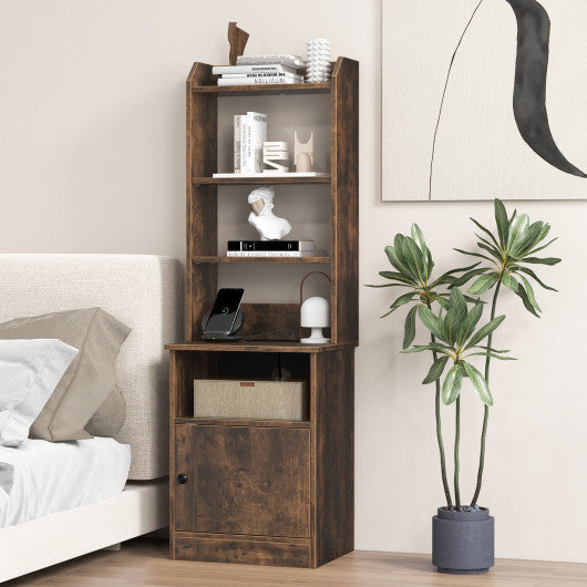 6-Tier Bookshelf Nightstand with Charging Station and Cabinet-Rustic Brown