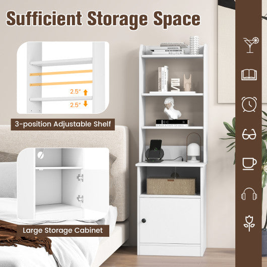 6-Tier Bookshelf Nightstand with Charging Station and Cabinet-White