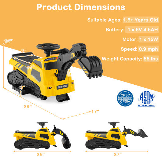 6V Ride on Tractor 3-in-1 Electric Excavator with Adjustable Arms and Music-Yellow