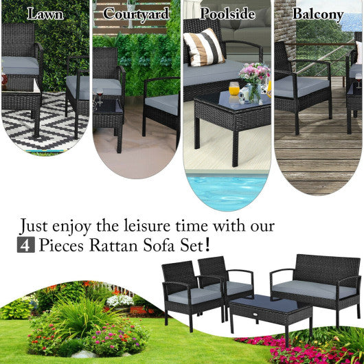 4 Pieces Patio Rattan Cushioned Furniture Set with Loveseat and Table-Black