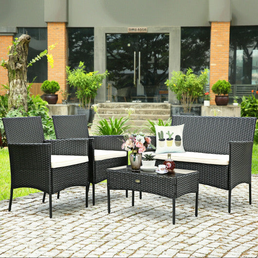 4 Pcs Patio Rattan Cushioned Sofa Furniture Set-White