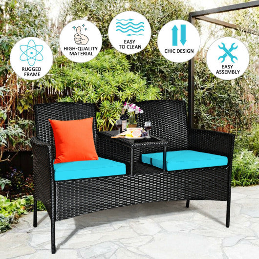 Wicker Patio Conversation Furniture Set with Removable Cushions and Table-Turquoise