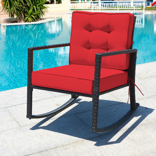 Patio Rattan Rocker Outdoor Glider Rocking Chair Cushion Lawn-Red