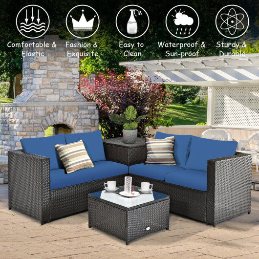 4 Pieces Outdoor Patio Rattan Furniture Set with Cushioned Loveseat and Storage Box-Navy