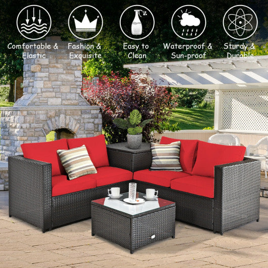 4 Pieces Outdoor Patio Rattan Furniture Set with Cushioned Loveseat and Storage Box-Red