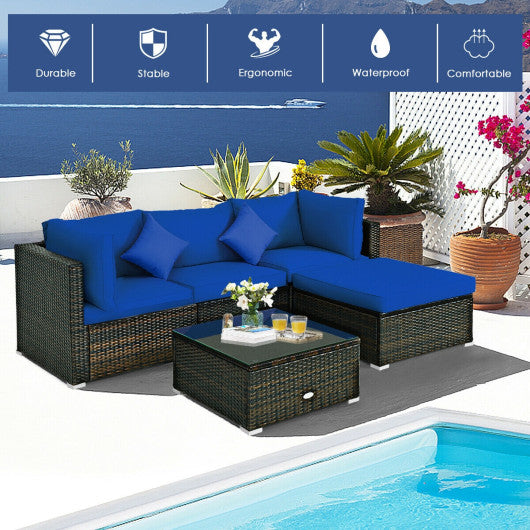 5 Pcs Outdoor Patio Rattan Furniture Set Sectional Conversation with Navy Cushions-Navy