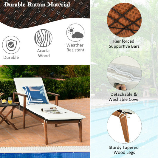 3 Pieces Portable Patio Cushioned Rattan Lounge Chair Set with Folding Table-White