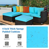 5 Pieces Patio Rattan Sectional Conversation Ottoman Furniture Set-Blue