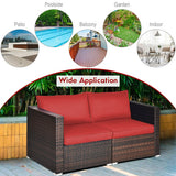 2PCS Patio Rattan Sectional Conversation Sofa Set-Red