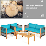 4 Pieces Acacia Wood Outdoor Patio Furniture Set with Cushions-Turquoise