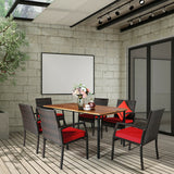 7Pcs Patio Rattan Cushioned Dining Set with Umbrella Hole-Red