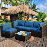 5 Pieces Cushioned Patio Rattan Furniture Set with Glass Table-Navy