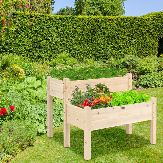 2 Tier Wooden Elevated Planter Box with Legs and Drain Holes for Balcony and Yard