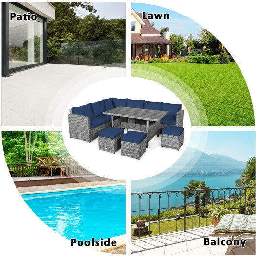 7 Pieces Patio Rattan Dining Furniture Sectional Sofa Set with Wicker Ottoman-Navy