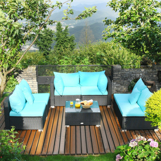 7-Piece Outdoor Sectional Wicker Patio Sofa Set with Tempered Glass Top-Blue