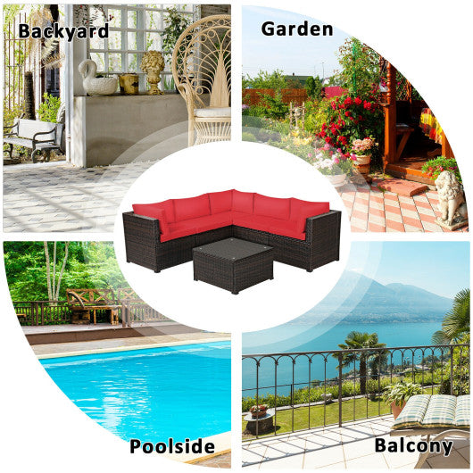 6 Pieces Patio Rattan Furniture Set Sectional Cushioned Sofa Deck-Red