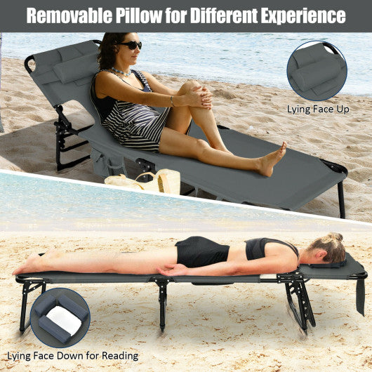 Folding Beach Lounge Chair with Pillow for Outdoor-Gray