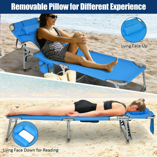 Folding Beach Lounge Chair with Pillow for Outdoor-Blue