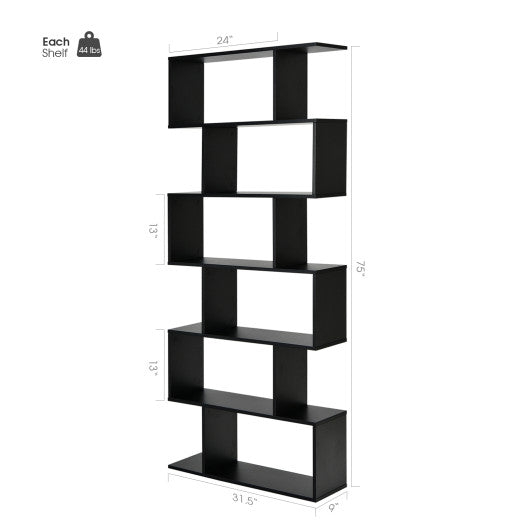 6 Tier S-Shaped Bookshelf Storage Display Bookcase Decor Z-Shelf -Black