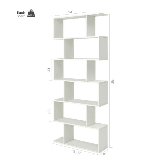 6 Tier S-Shaped Bookshelf Storage Display Bookcase Decor Z-Shelf -White