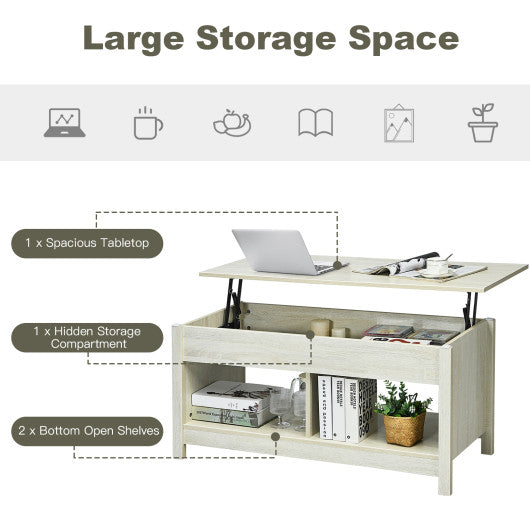 Lift Top Coffee Table with Hidden Storage Compartment and Lower Shelf for Study Room-White