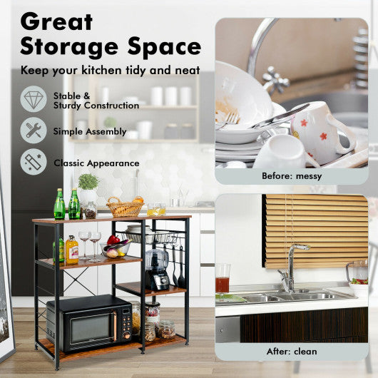 Industrial Kitchen Baker's Rack Microwave Shelf with 6 Hooks-Brown