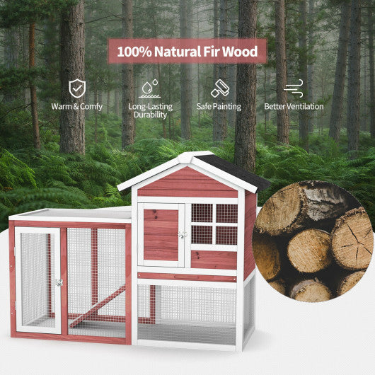 2-Story Wooden Rabbit Hutch with Running Area-White