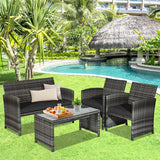 4 Pieces Patio Rattan Furniture Set with Glass Table and Loveseat-Black