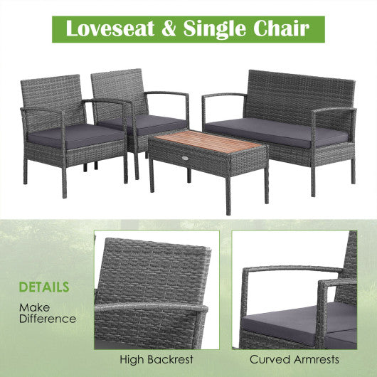 4 Pieces Rattan Patio Conversation Furniture Set with Acacia Wood Tabletop