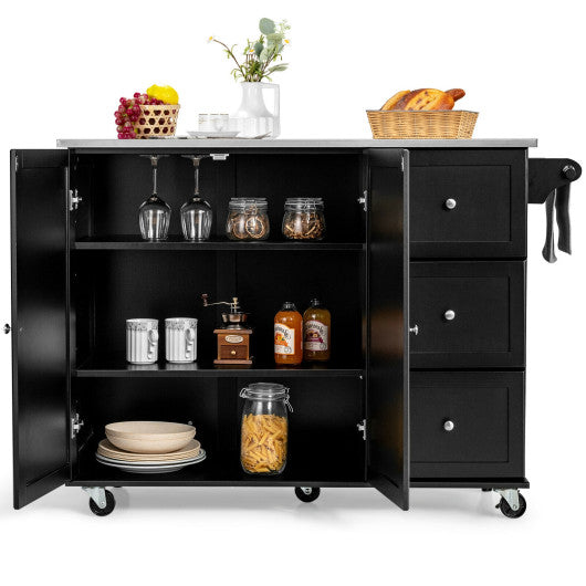 Rolling Kitchen Island with Stainless Steel Countertop and 3 Drawers-Black