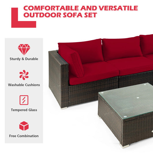 5 Pieces Cushioned Patio Rattan Furniture Set with Glass Table-Red