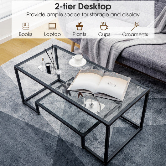Modern 2-Tier Rectangular Coffee Table with Glass Table Top-Black