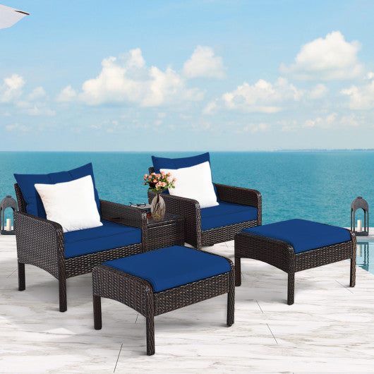 5 Pieces Patio Rattan Sofa Ottoman Furniture Set with Cushions-Navy