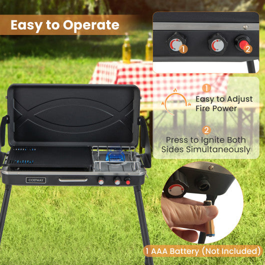 2-in-1 Gas Camping Grill and Stove with Detachable Legs-Black