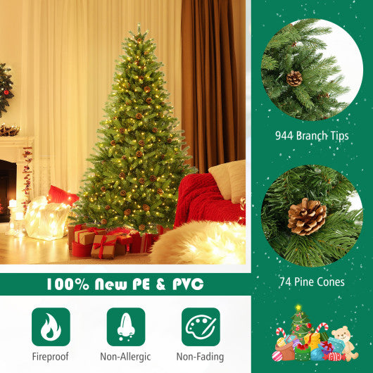 6/7 FT Artificial Christmas Tree with Pine Cones and Adjustable Brightness-6 ft